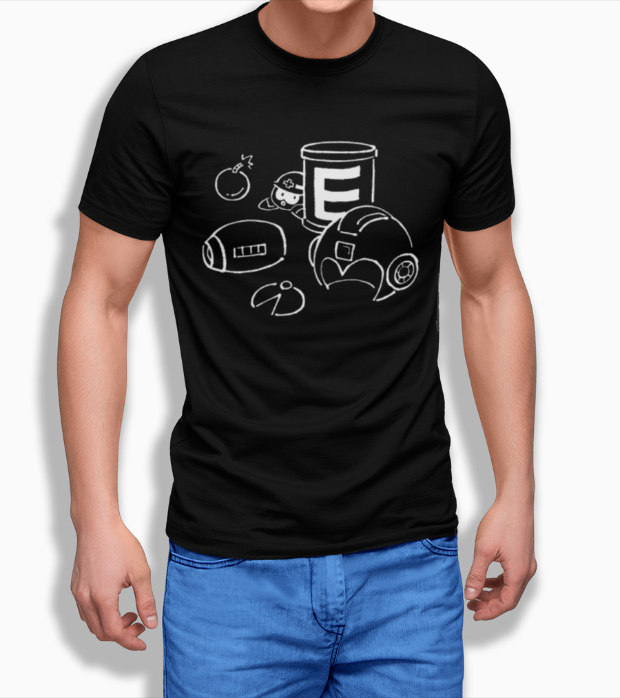 Mega Man E-Tank Helmet And Bomb Line Art Elements T-Shirt