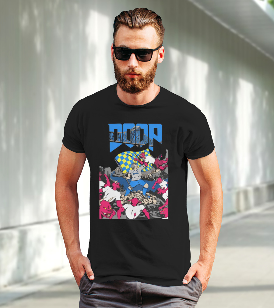 Doom Soccer Player Leading Team With Flag Surrounded By Red Demons T-Shirt