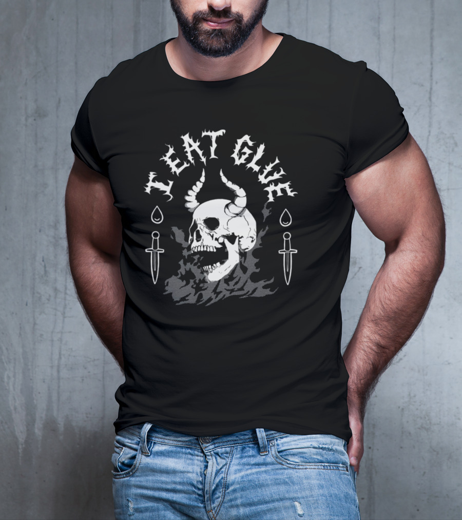Skull And Knives With Teat Glue Text And Horns T-Shirt