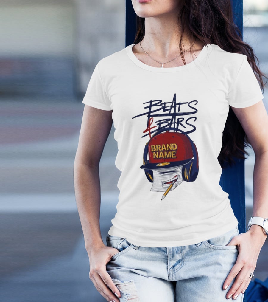 Beats And Bars Brand Name Hat Headphones Pencil Sketch T-Shirt
