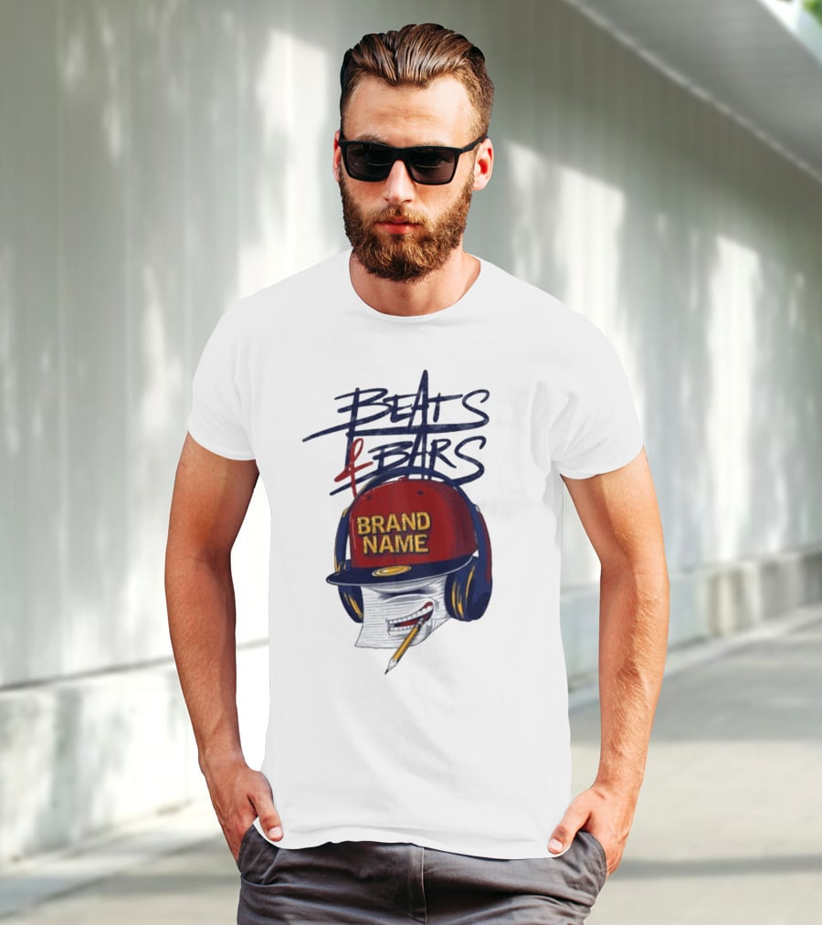 Beats And Bars Brand Name Hat Headphones Pencil Sketch T-Shirt