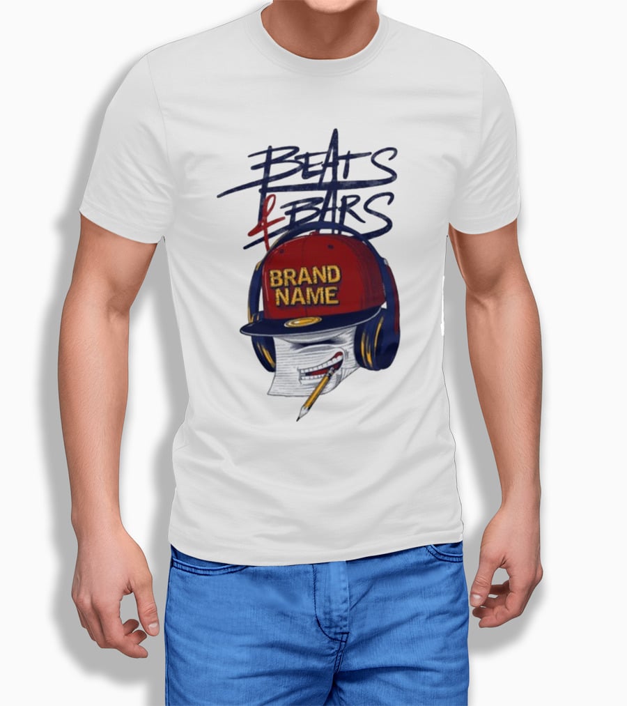Beats And Bars Brand Name Hat Headphones Pencil Sketch T-Shirt