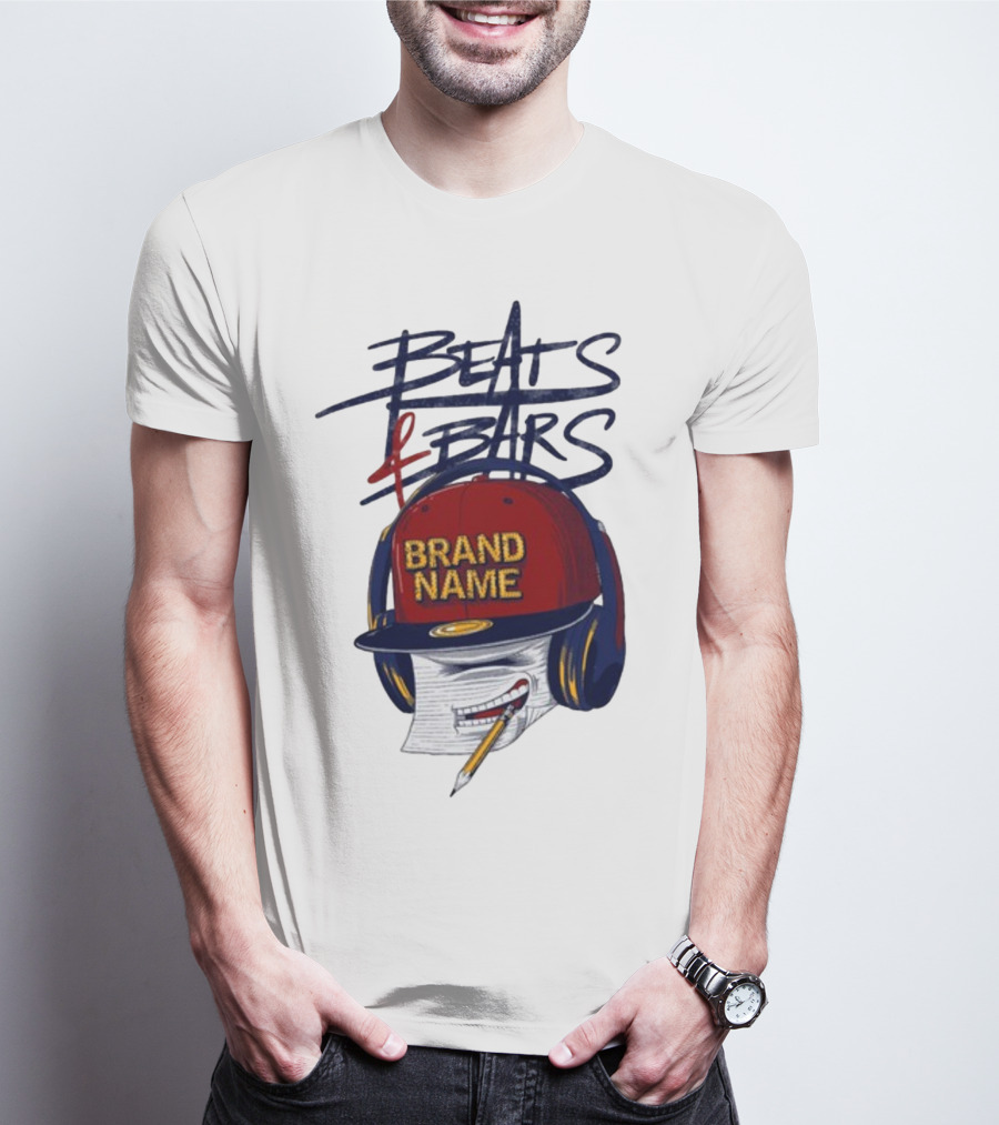 Beats And Bars Brand Name Hat Headphones Pencil Sketch T-Shirt