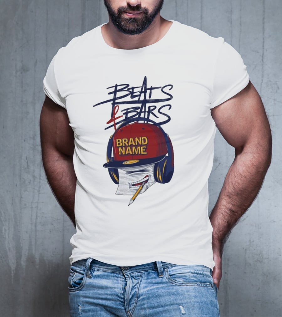 Beats And Bars Brand Name Hat Headphones Pencil Sketch T-Shirt