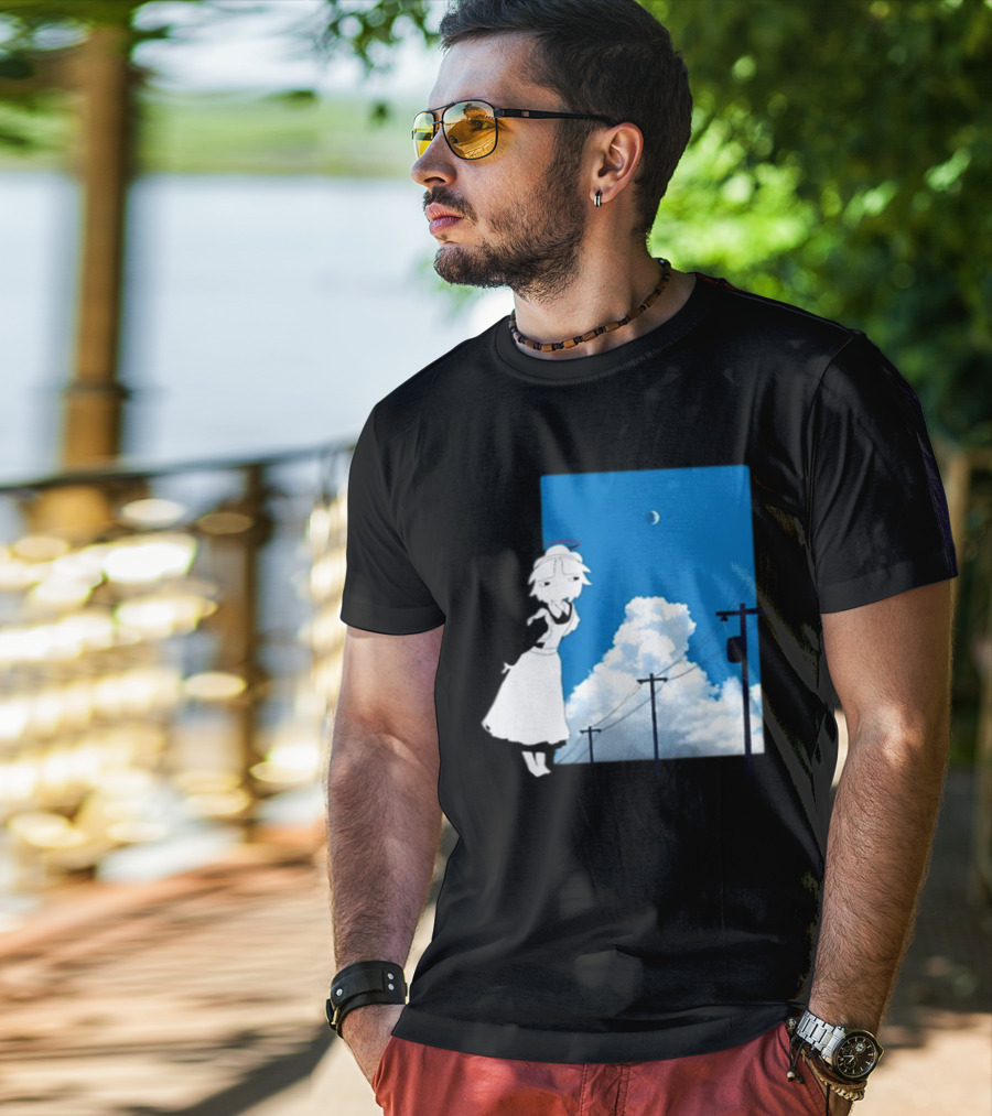 Electric Maid Under Cloudy Sky And Moon With Power Lines T-Shirt