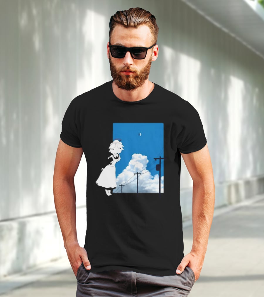 Electric Maid Under Cloudy Sky And Moon With Power Lines T-Shirt
