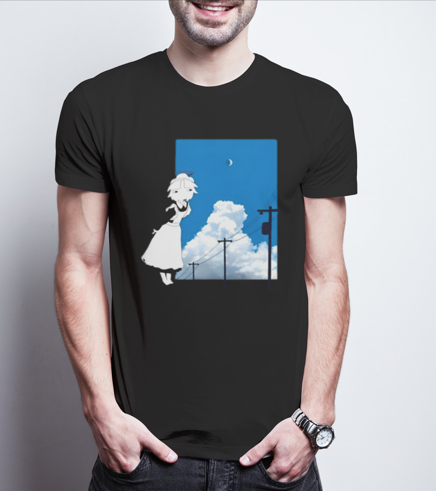 Electric Maid Under Cloudy Sky And Moon With Power Lines T-Shirt