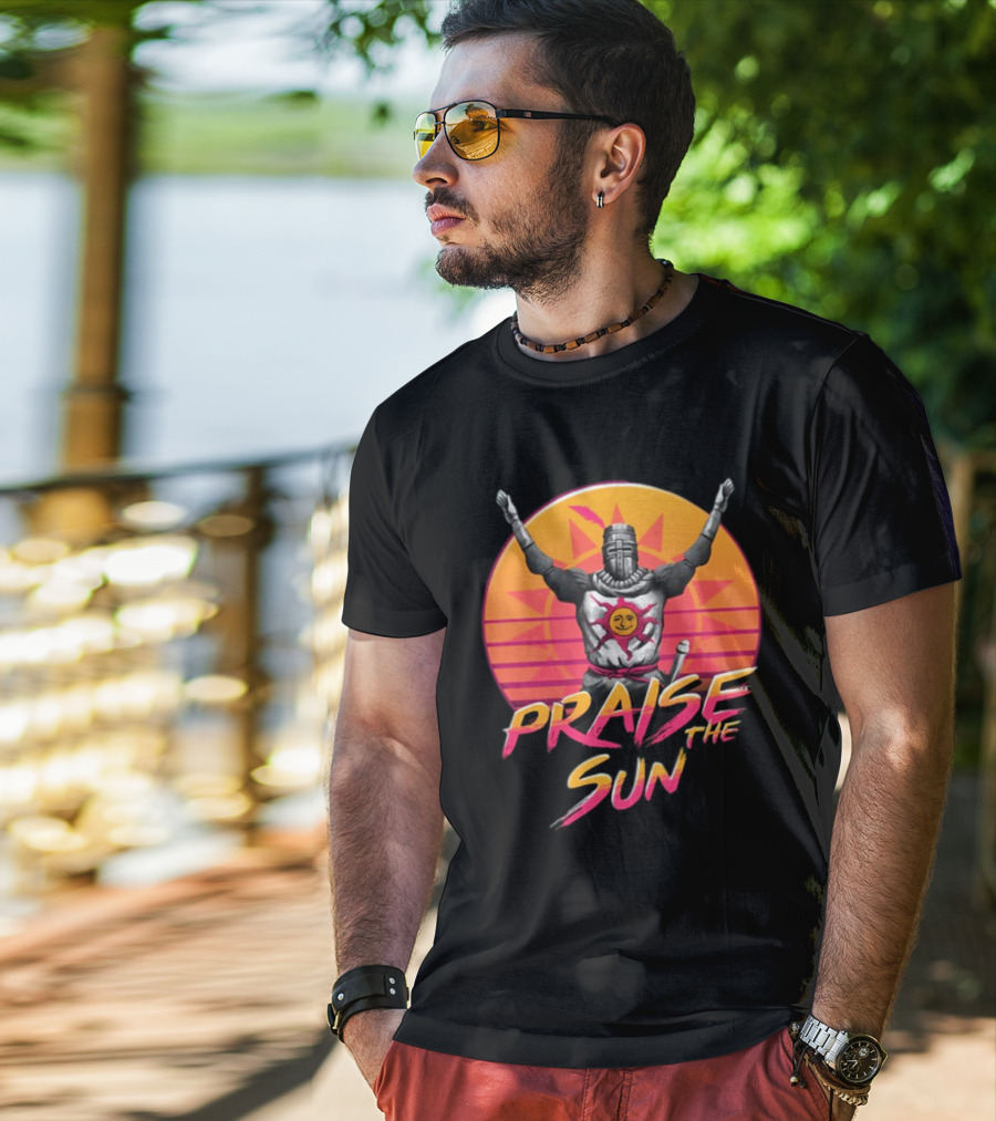 Praise The Sun Solaire Of Astora Dark Souls Knight Retro Sunset T-Shirt