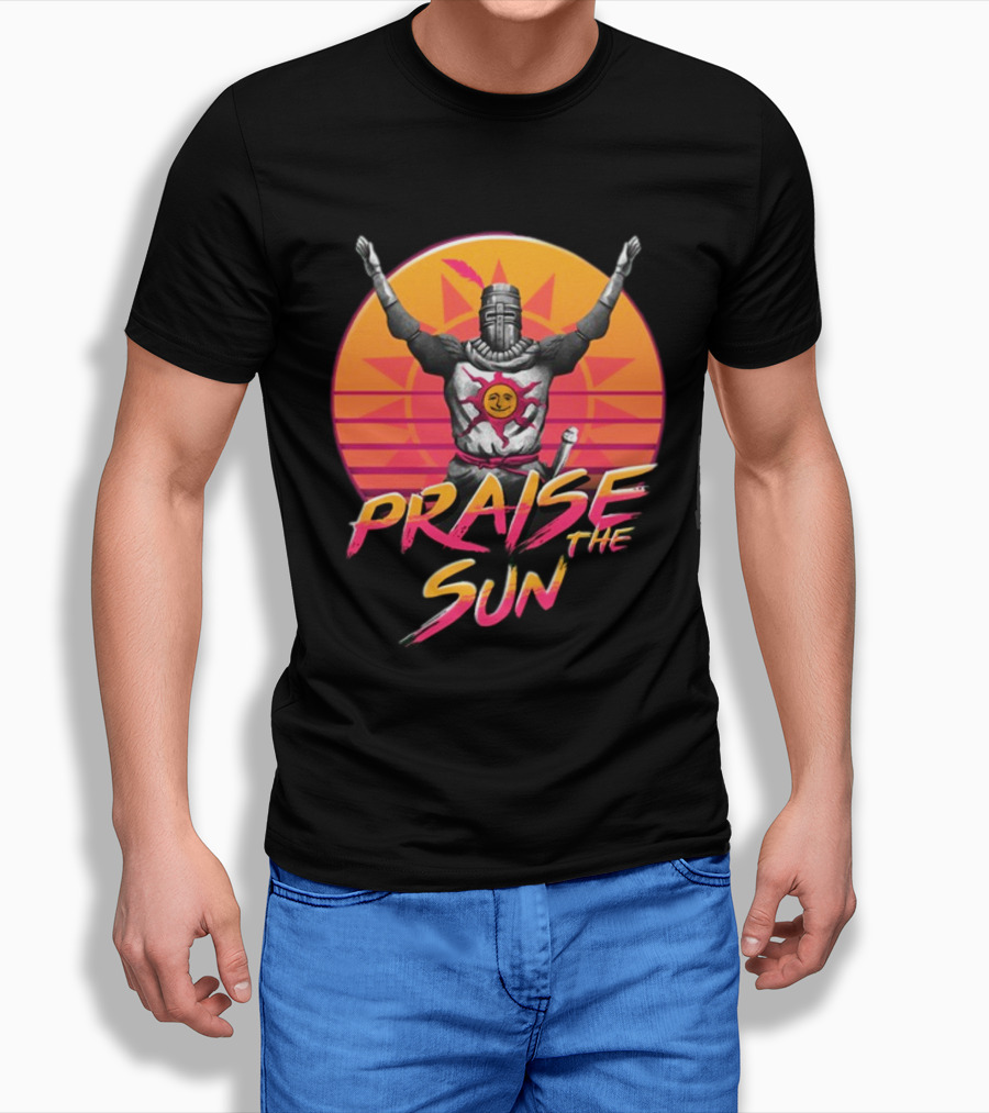 Praise The Sun Solaire Of Astora Dark Souls Knight Retro Sunset T-Shirt
