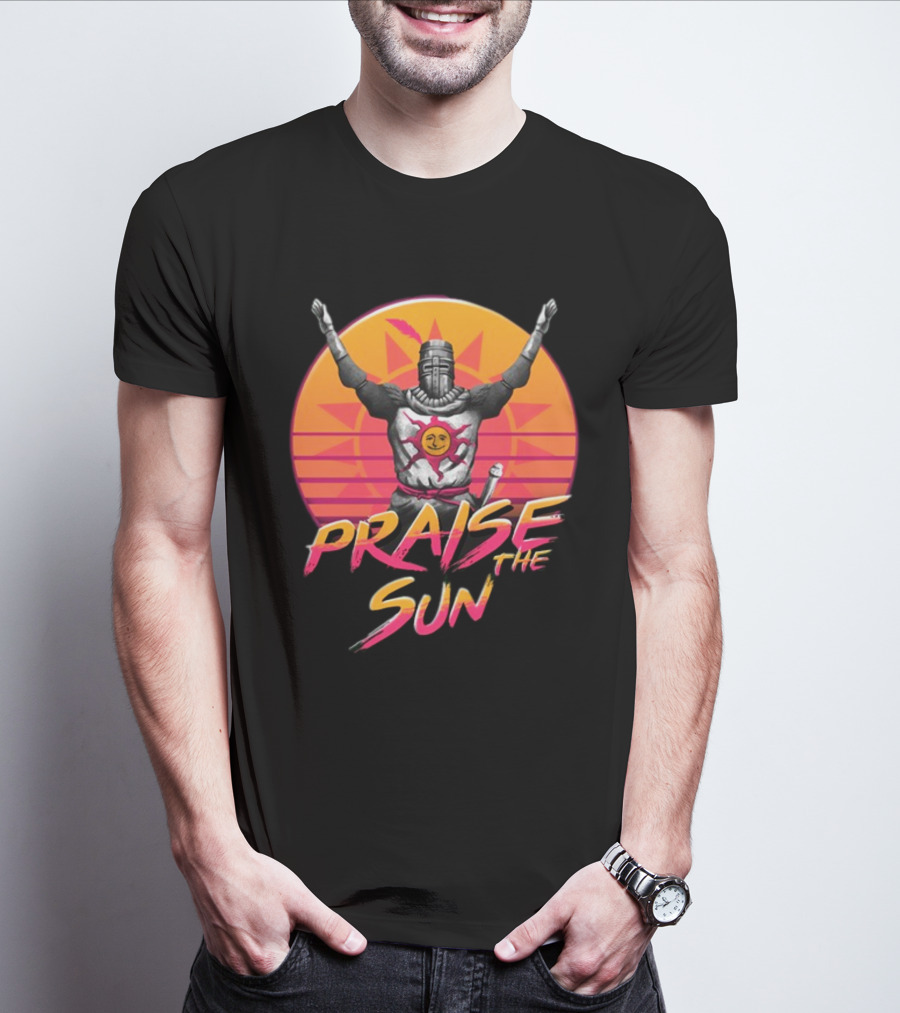 Praise The Sun Solaire Of Astora Dark Souls Knight Retro Sunset T-Shirt