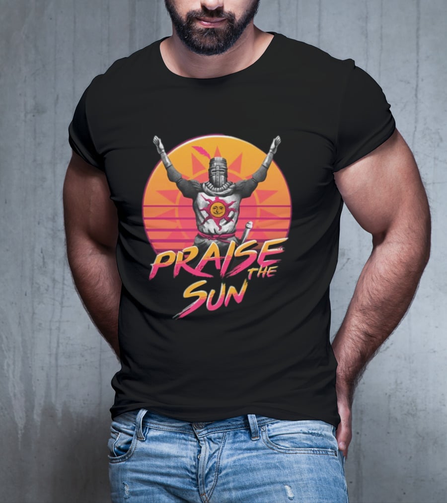 Praise The Sun Solaire Of Astora Dark Souls Knight Retro Sunset T-Shirt