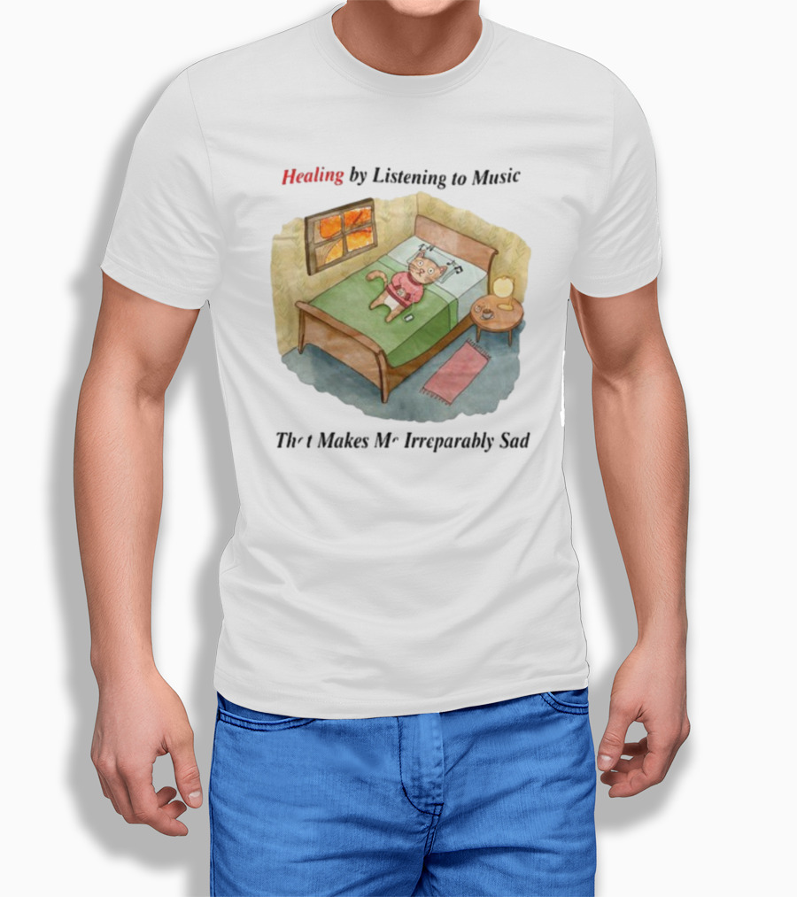 Healing By Listening To Music That Makes Me Irreparably Sad Bear On Bed With Phone And Candle Scene T-Shirt