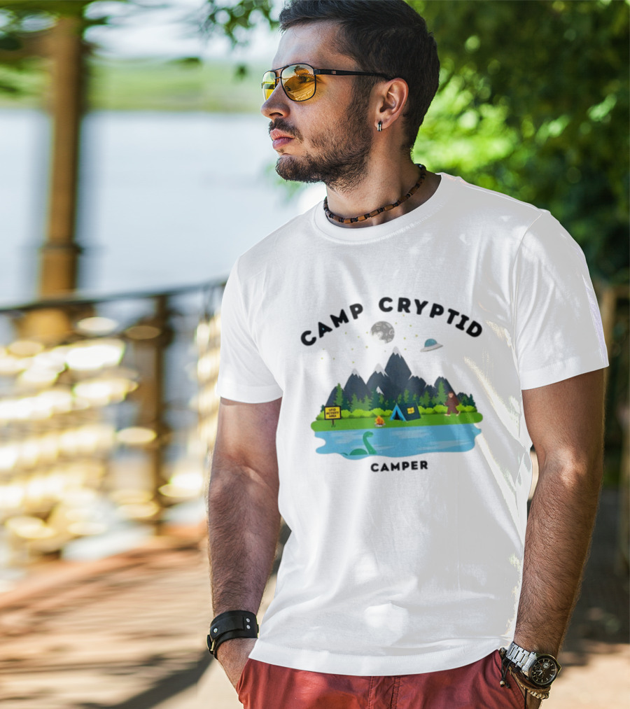 Camp Cryptid Camper UFO Area Loch Ness Bigfoot Camping Scene T-Shirt