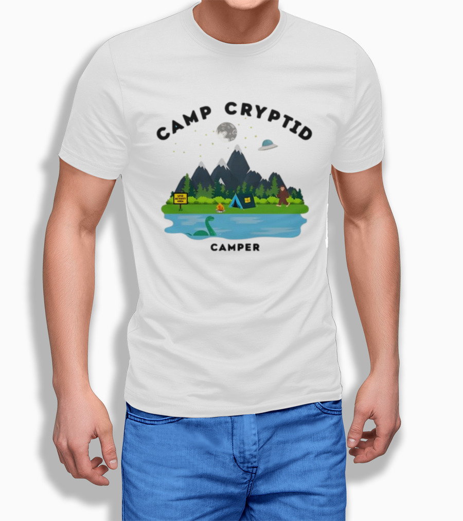 Camp Cryptid Camper UFO Area Loch Ness Bigfoot Camping Scene T-Shirt