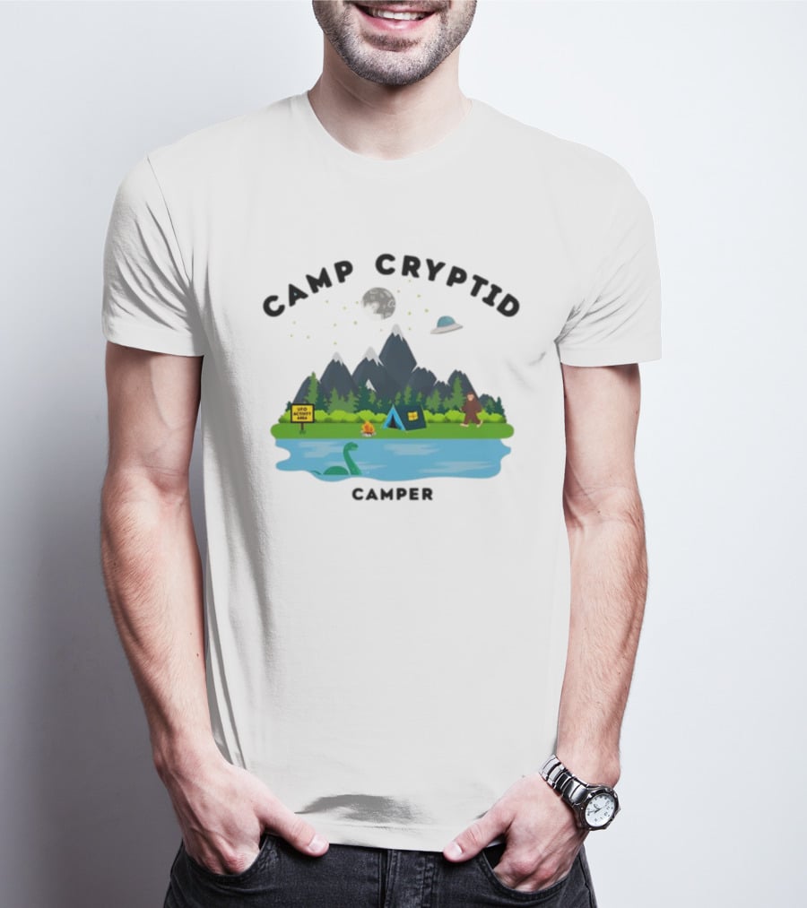 Camp Cryptid Camper UFO Area Loch Ness Bigfoot Camping Scene T-Shirt