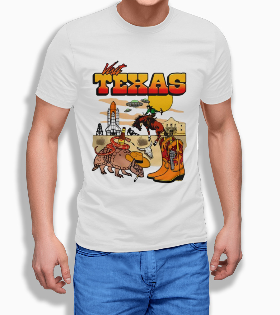 Visit Texas Armadillo Cowboy Boots Space Shuttle UFOs Rodeo Horse Alamo T-Shirt