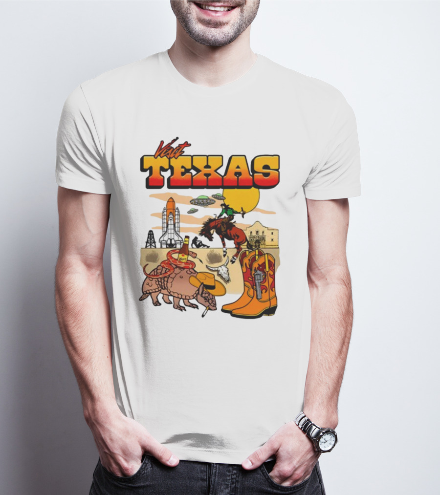 Visit Texas Armadillo Cowboy Boots Space Shuttle UFOs Rodeo Horse Alamo T-Shirt