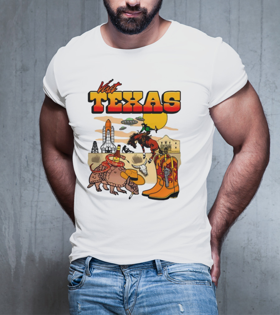 Visit Texas Armadillo Cowboy Boots Space Shuttle UFOs Rodeo Horse Alamo T-Shirt