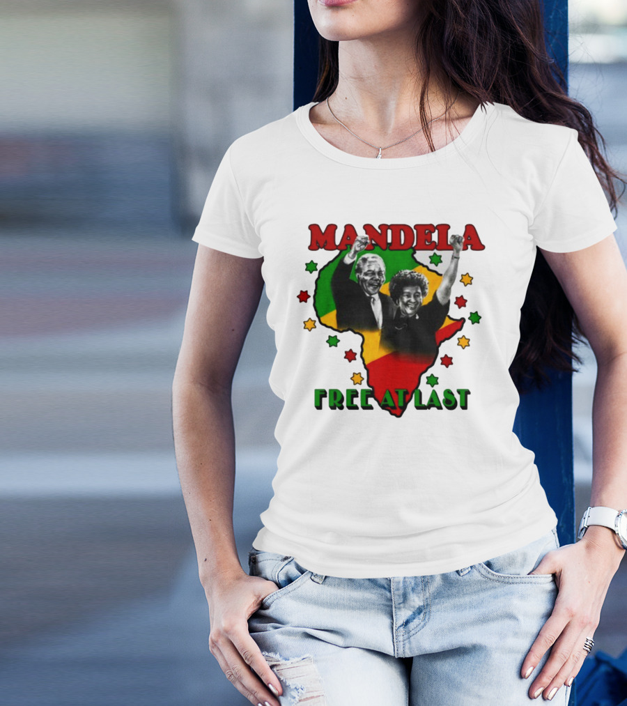 Nelson Mandela Free At Last Africa Map Red Yellow Green Stars T-Shirt