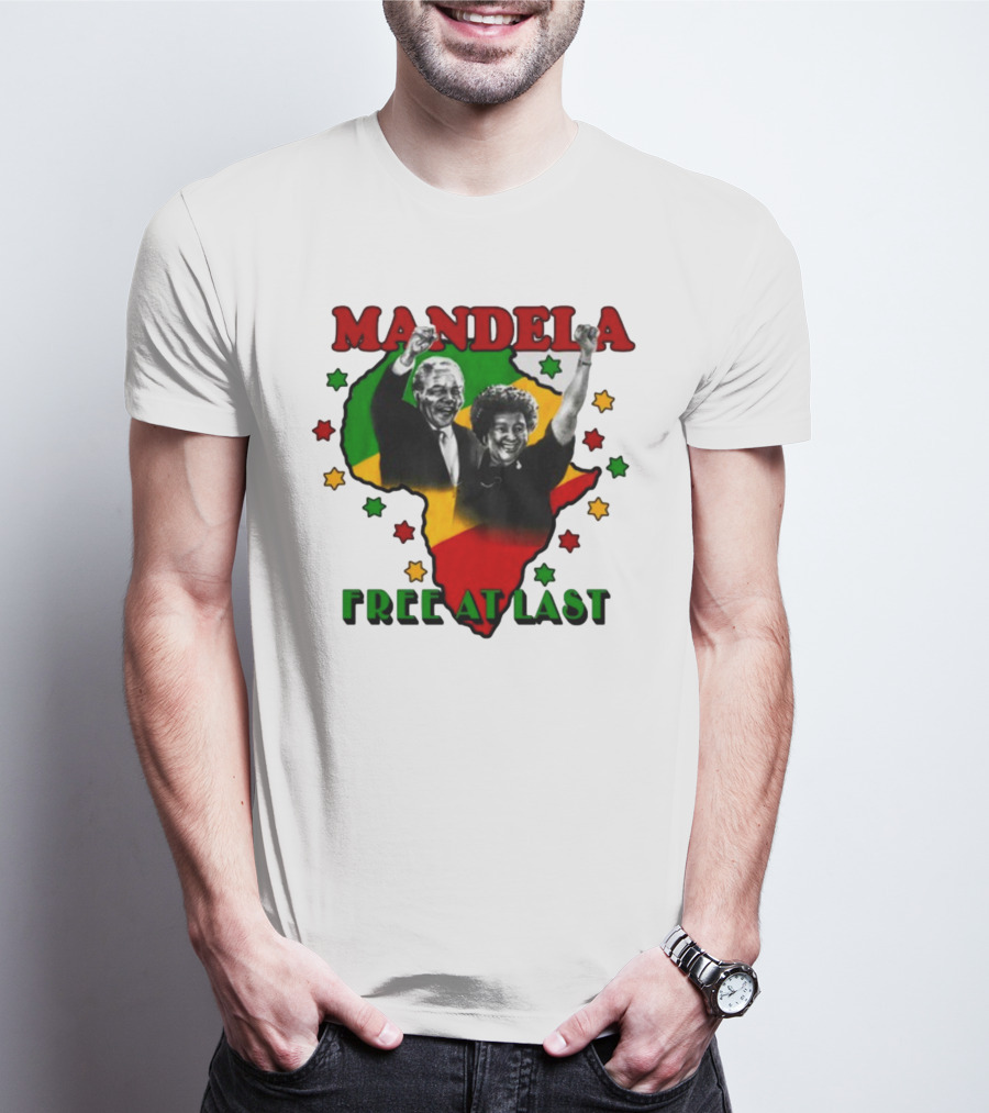 Nelson Mandela Free At Last Africa Map Red Yellow Green Stars T-Shirt
