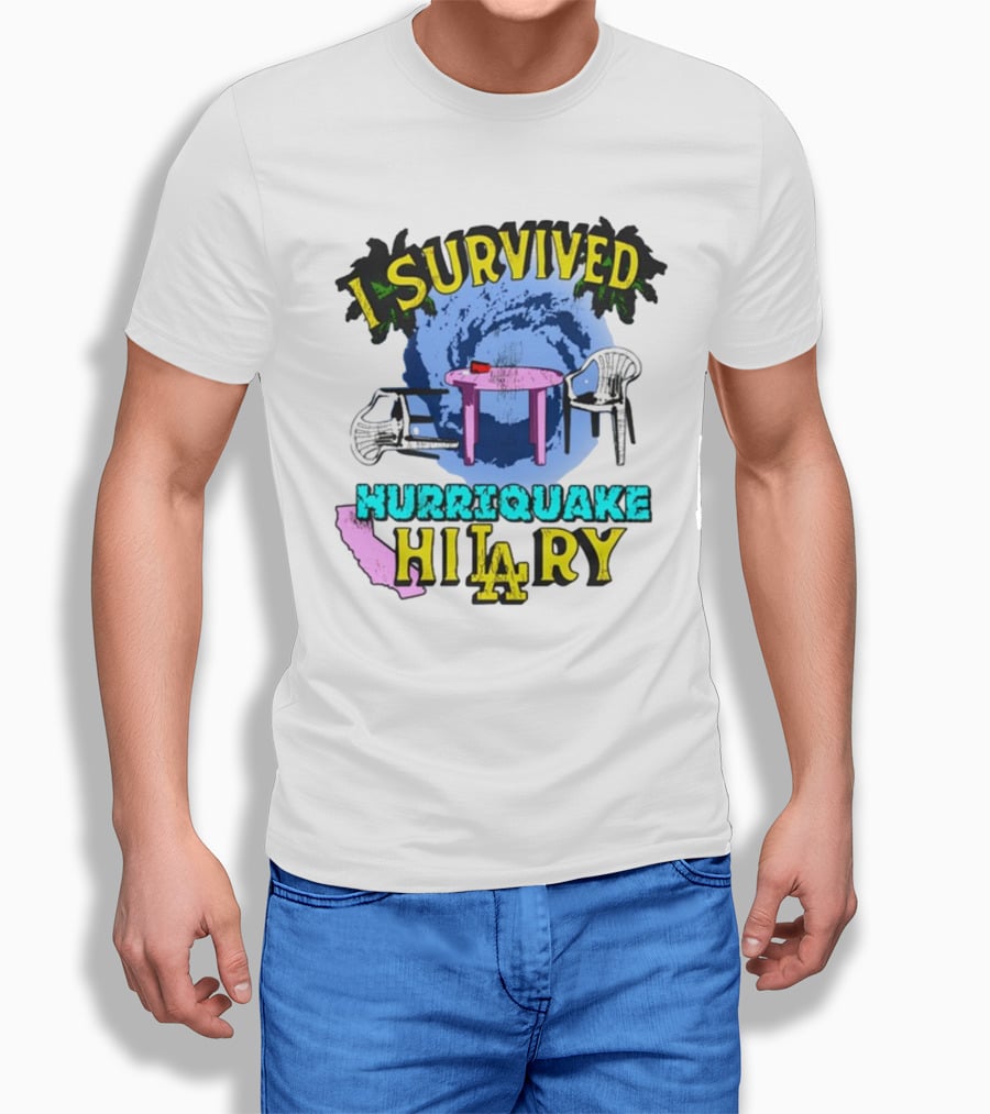 I Survived Hurriquake Hilary LA Chairs Map Swirl Table T-Shirt