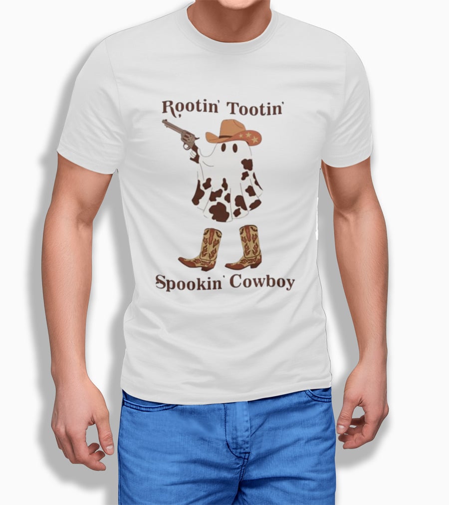 Gotfunny Rootin' Tootin' Spookin' Cowboy Brown Boots Ghost Hat Gun Blazing T-Shirt