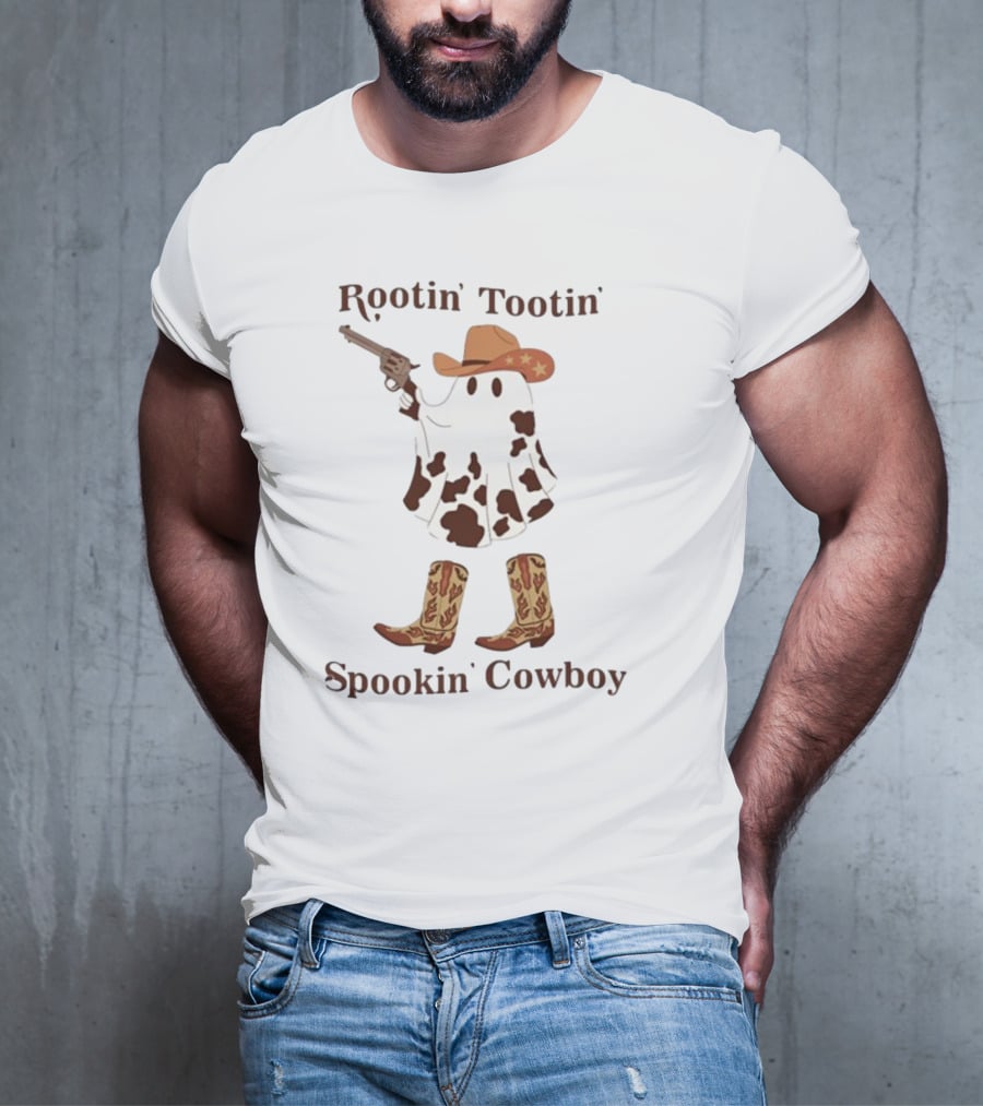 Gotfunny Rootin' Tootin' Spookin' Cowboy Brown Boots Ghost Hat Gun Blazing T-Shirt