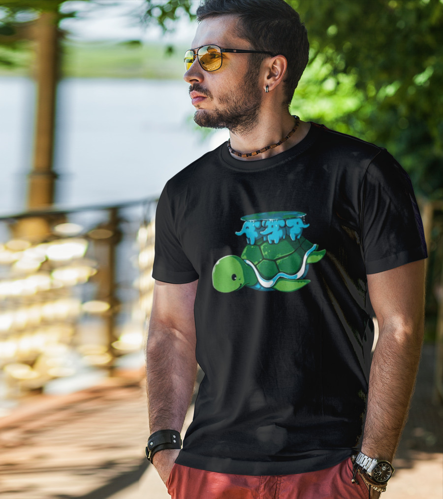 Bladezaim Teeturtle Green Turtle With Three Blue Elephants T-Shirt