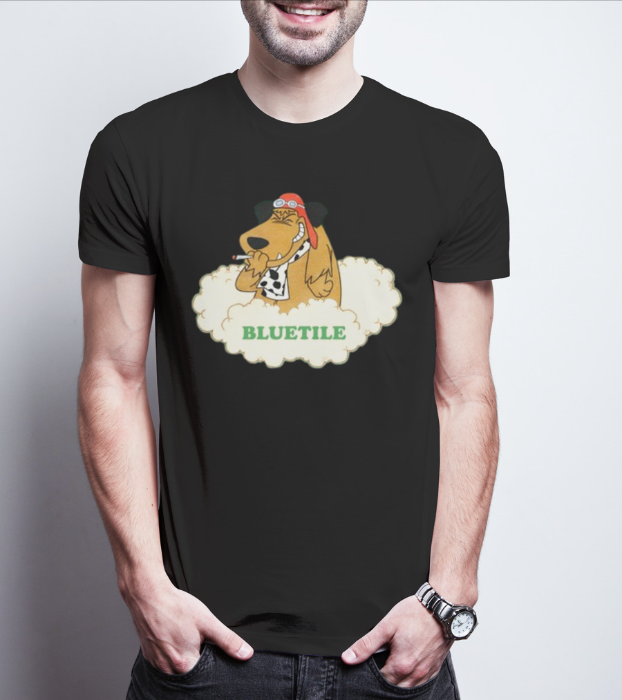 Bluetile Smiling Dog With Aviator Goggles And Bone Scarf In Clouds T-Shirt