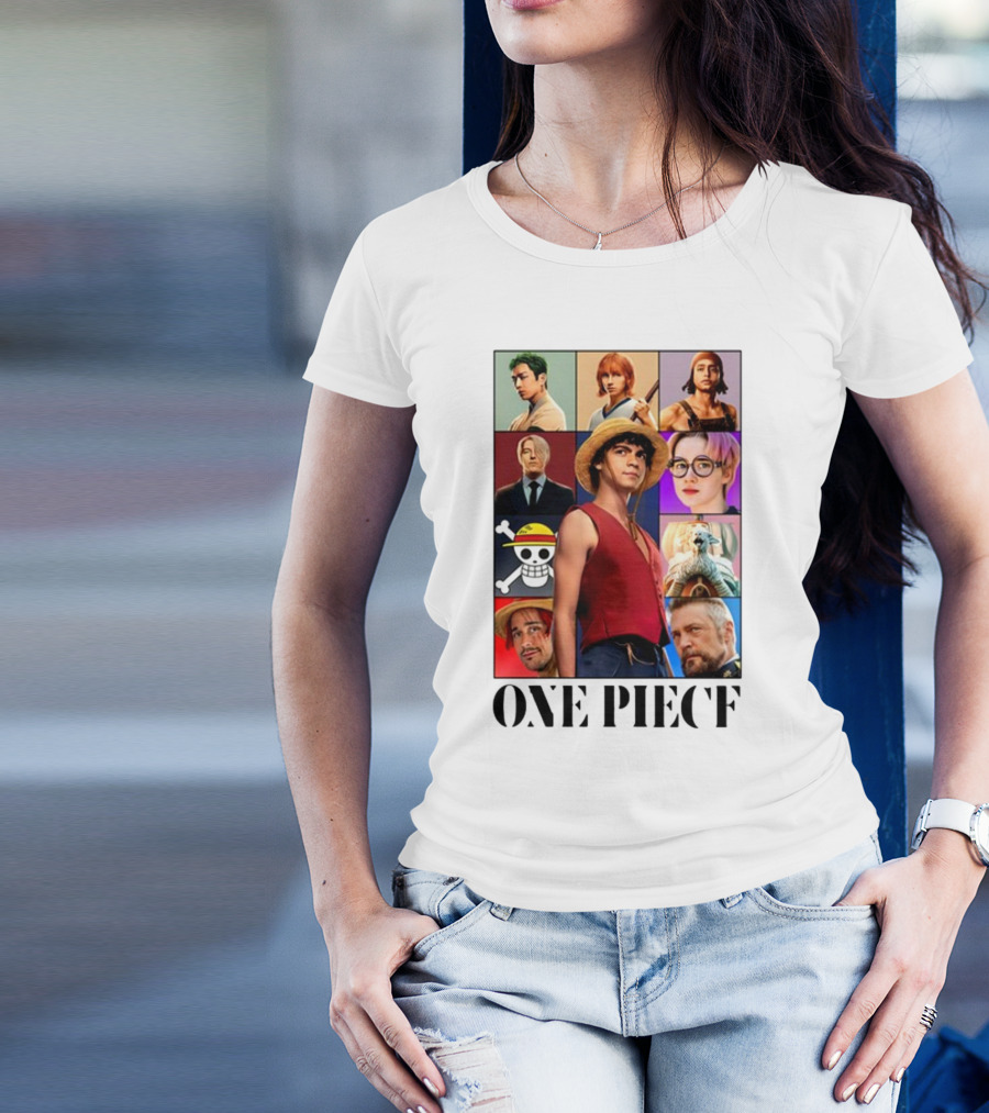 One Piece Characters Collage With Skull And Straw Hat T-Shirt