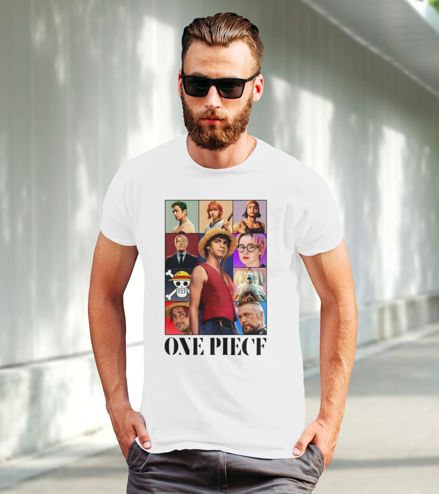 One Piece Characters Collage With Skull And Straw Hat T-Shirt