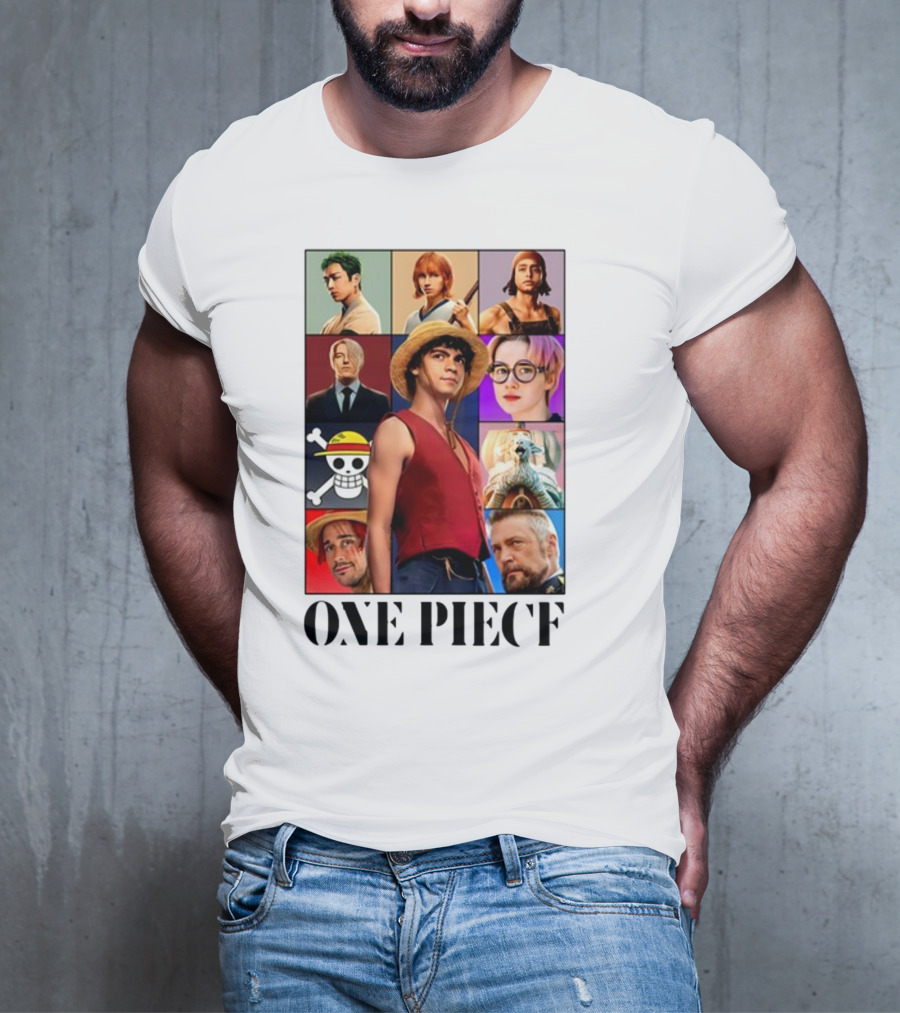 One Piece Characters Collage With Skull And Straw Hat T-Shirt