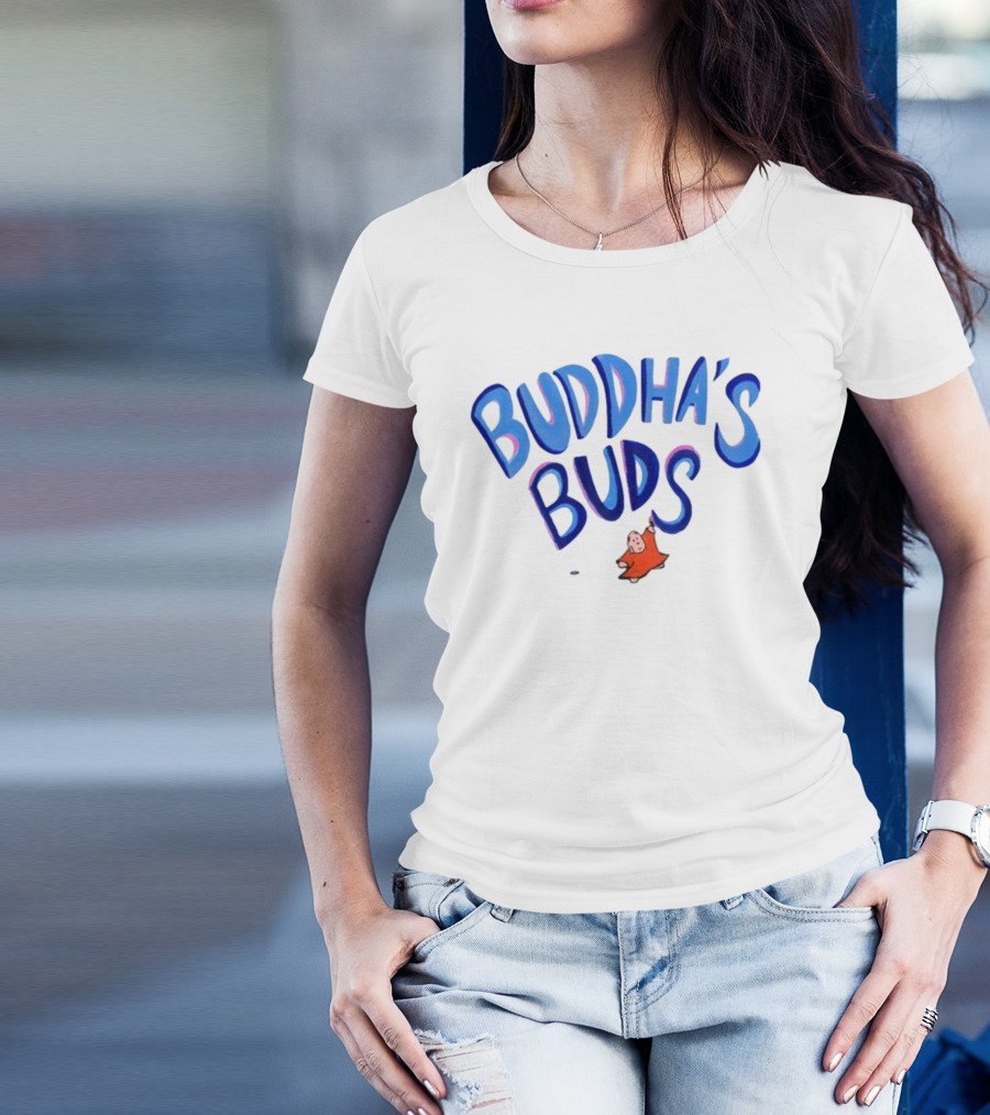 Buddha's Buds Blue Lettering With Cartoon Figure T-Shirt