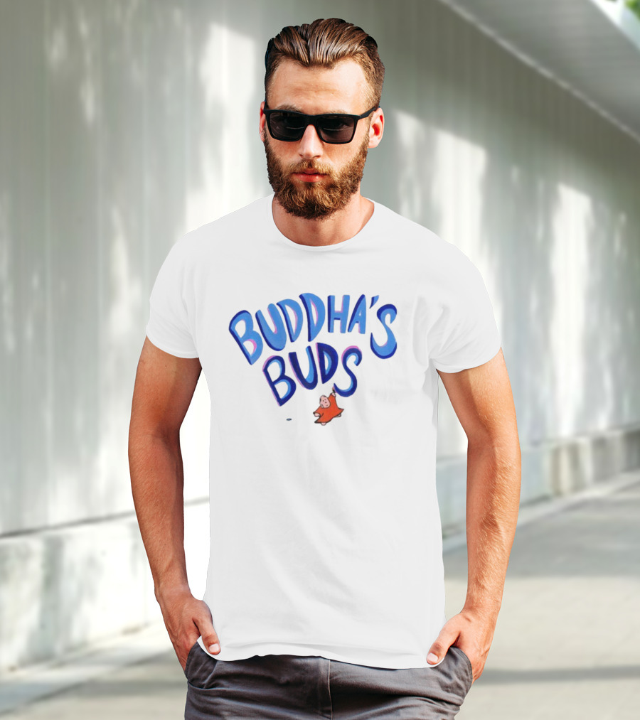 Buddha's Buds Blue Lettering With Cartoon Figure T-Shirt
