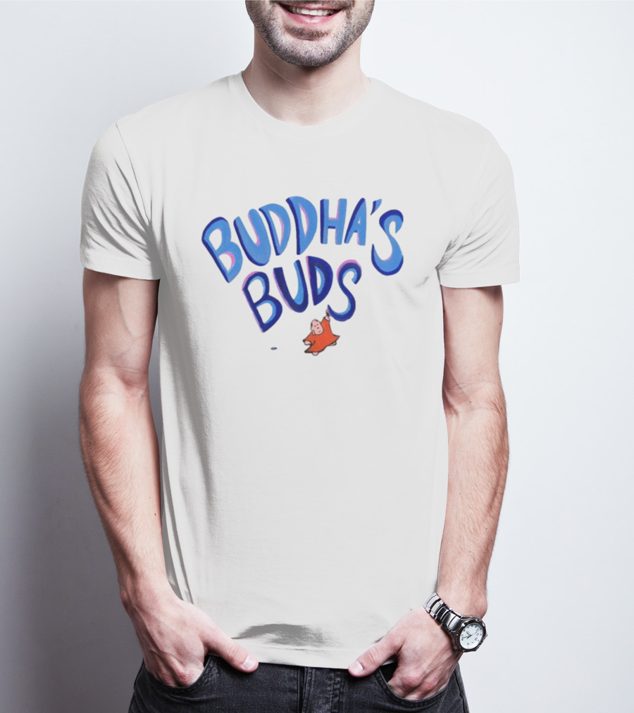 Buddha's Buds Blue Lettering With Cartoon Figure T-Shirt