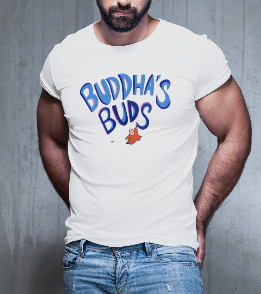 Buddha's Buds Blue Lettering With Cartoon Figure T-Shirt