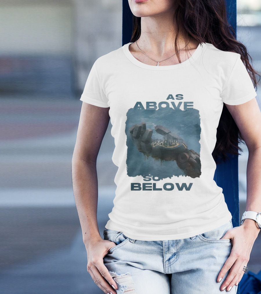 Essenger X Cryoshell As Above So Below Robotic Hand Holding Cityscape T-Shirt