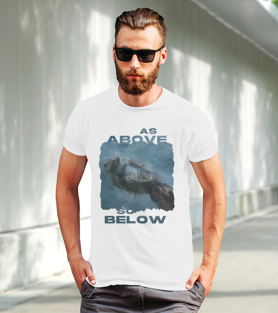 Essenger X Cryoshell As Above So Below Robotic Hand Holding Cityscape T-Shirt