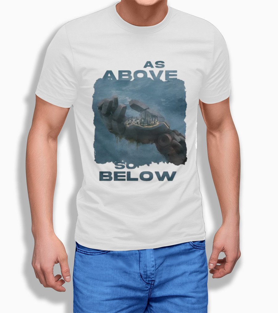 Essenger X Cryoshell As Above So Below Robotic Hand Holding Cityscape T-Shirt