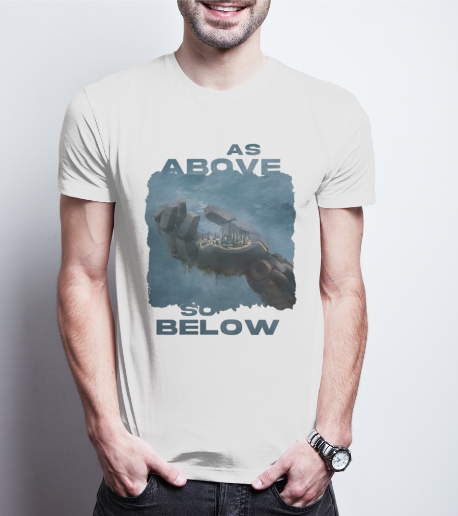 Essenger X Cryoshell As Above So Below Robotic Hand Holding Cityscape T-Shirt