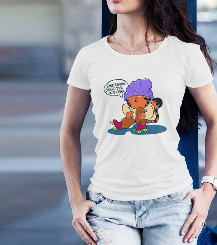 Existential Dread Till I'm Dead Funny Roller Skating Tiger With Purple Hair T-Shirt