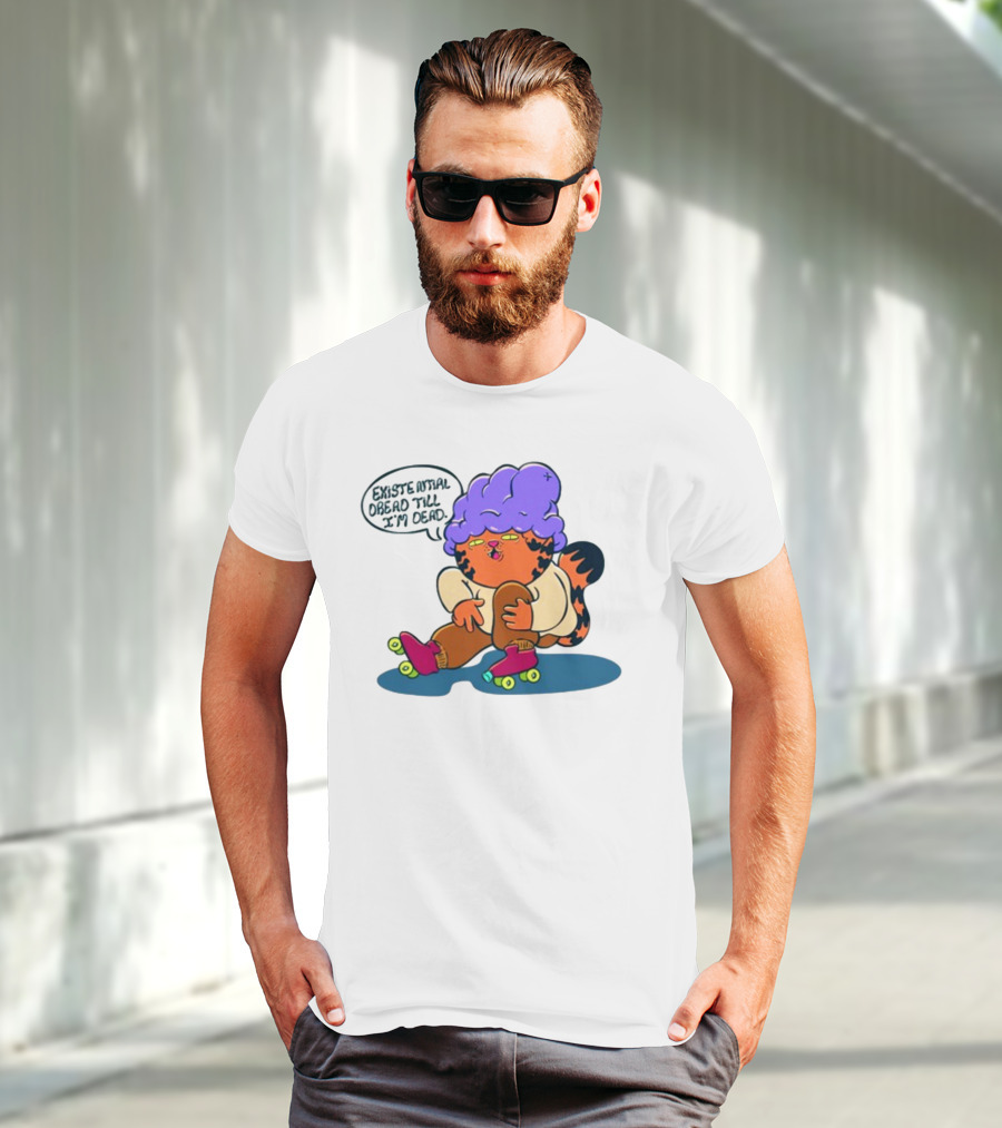 Existential Dread Till I'm Dead Funny Roller Skating Tiger With Purple Hair T-Shirt