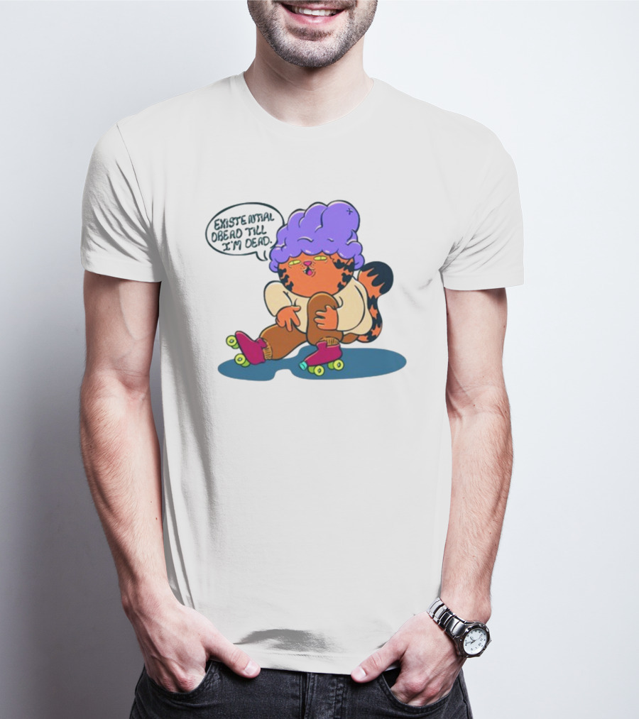 Existential Dread Till I'm Dead Funny Roller Skating Tiger With Purple Hair T-Shirt