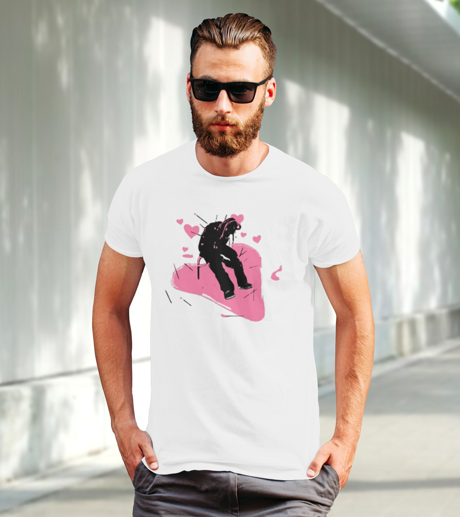 Drokenji Hearts White Pink Heart Black T-Shirt