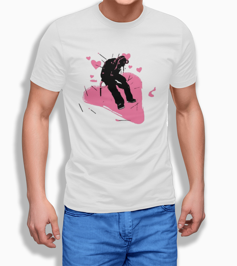 Drokenji Hearts White Pink Heart Black T-Shirt