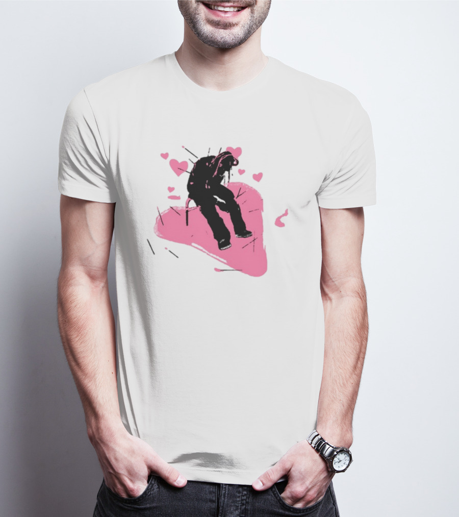 Drokenji Hearts White Pink Heart Black T-Shirt