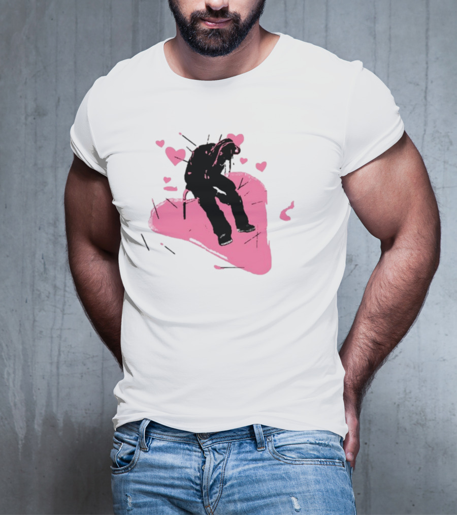 Drokenji Hearts White Pink Heart Black T-Shirt