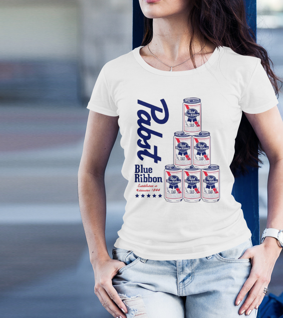 Pabst Blue Ribbon Beer Can Pyramid Established 1844 T-Shirt