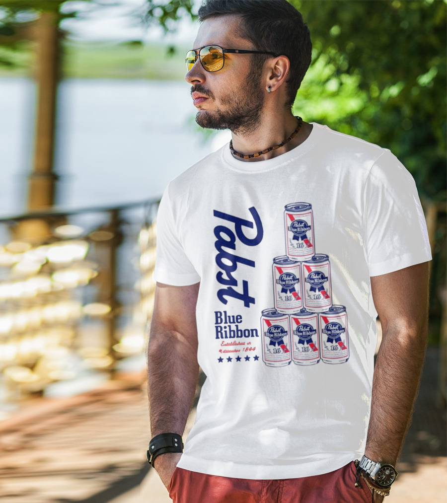 Pabst Blue Ribbon Beer Can Pyramid Established 1844 T-Shirt