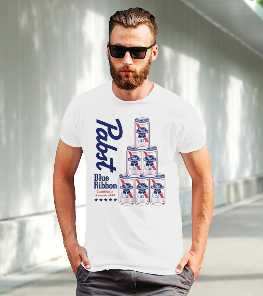 Pabst Blue Ribbon Beer Can Pyramid Established 1844 T-Shirt